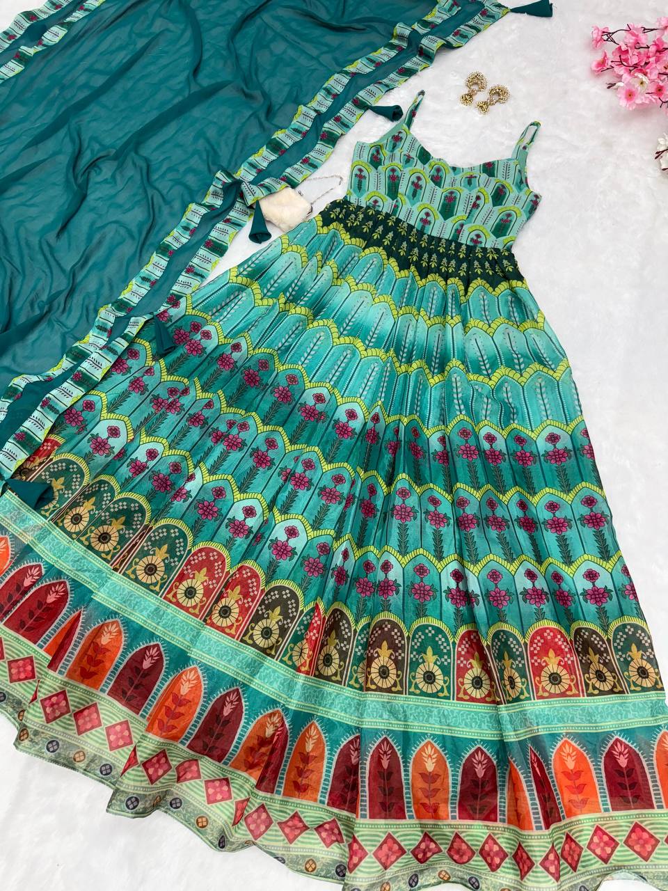 Sky Blue Elegant Digital Printed Organza Anarkali Gown with Georgette Dupatta