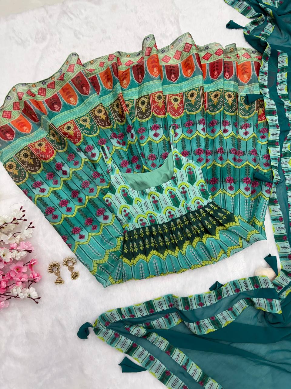 Sky Blue Elegant Digital Printed Organza Anarkali Gown with Georgette Dupatta