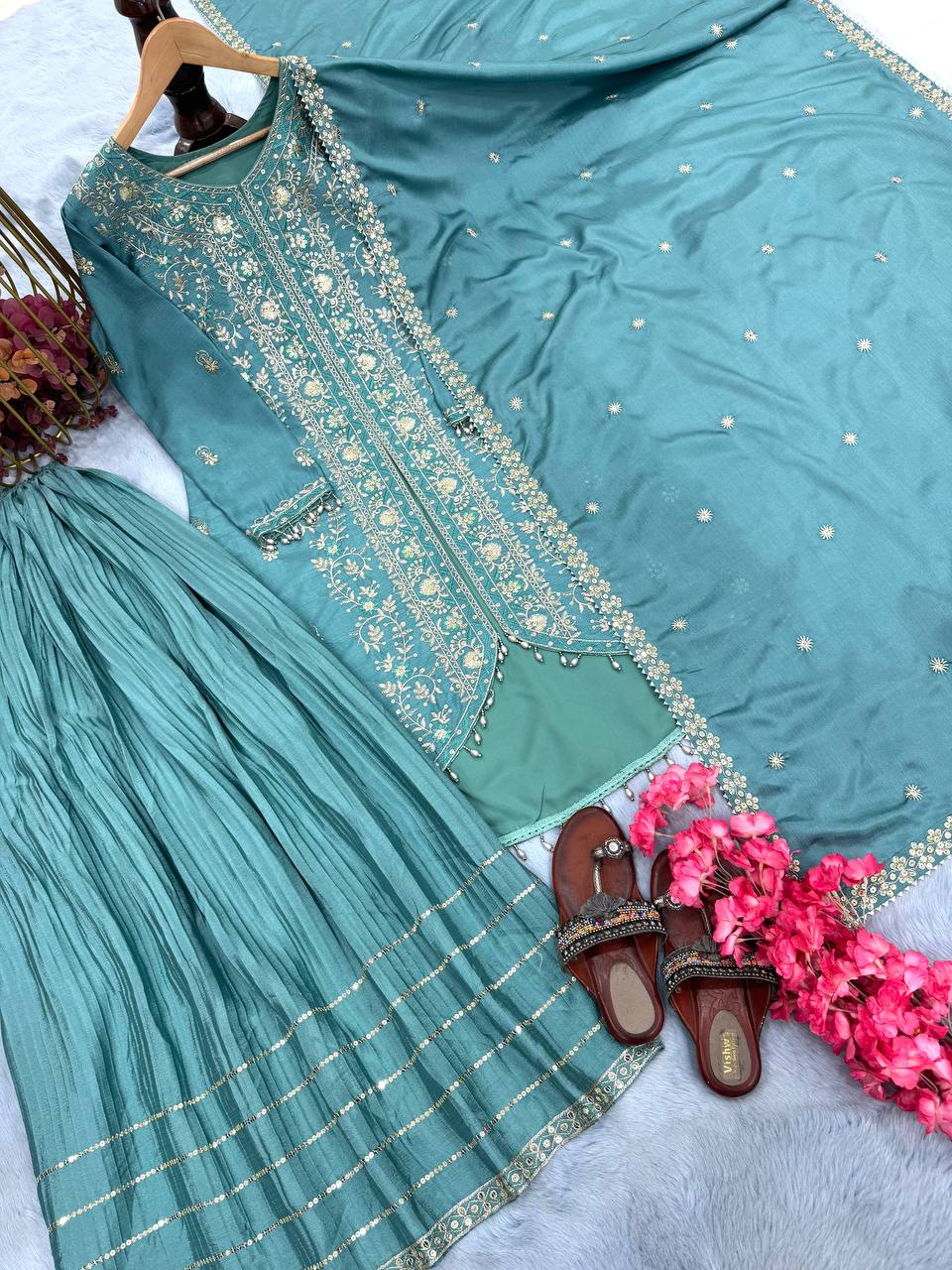 Sky Blue Elegant Embroidered Chinon Silk Sharara Suit Set