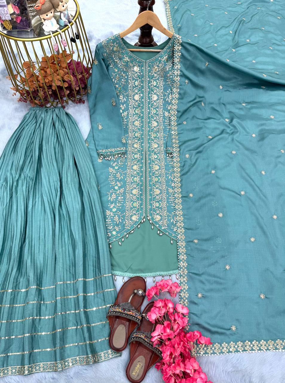 Sky Blue Elegant Embroidered Chinon Silk Sharara Suit Set
