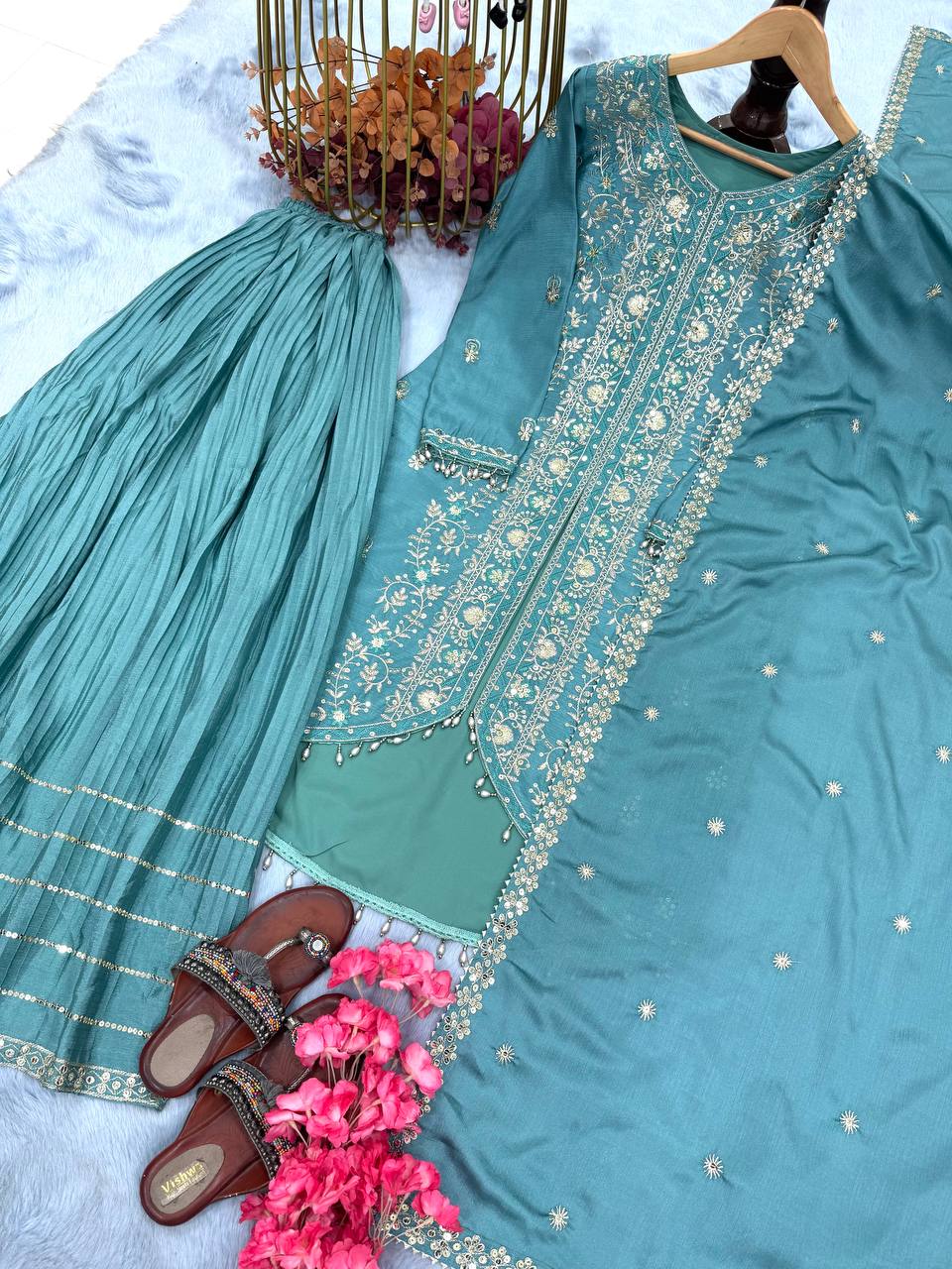 Sky Blue Elegant Embroidered Chinon Silk Sharara Suit Set