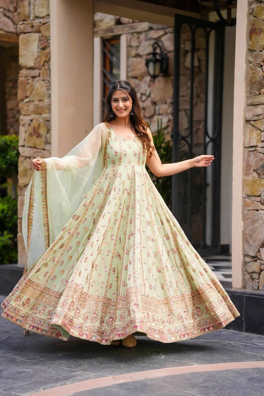 Mint Green Elegant Faux Georgette Thread & Sequin Work Suit Set with Dupatta – Fully Stitched