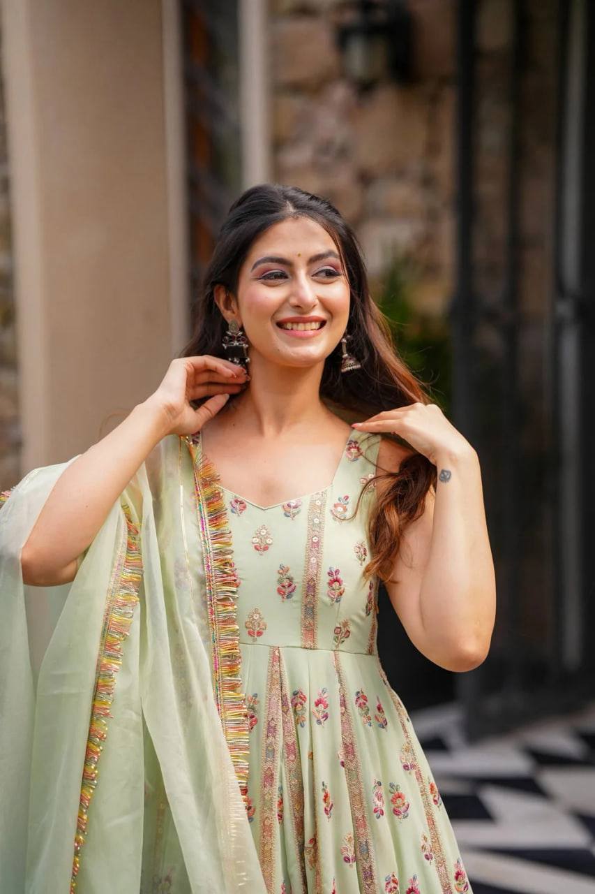 Mint Green Elegant Faux Georgette Thread & Sequin Work Suit Set with Dupatta – Fully Stitched