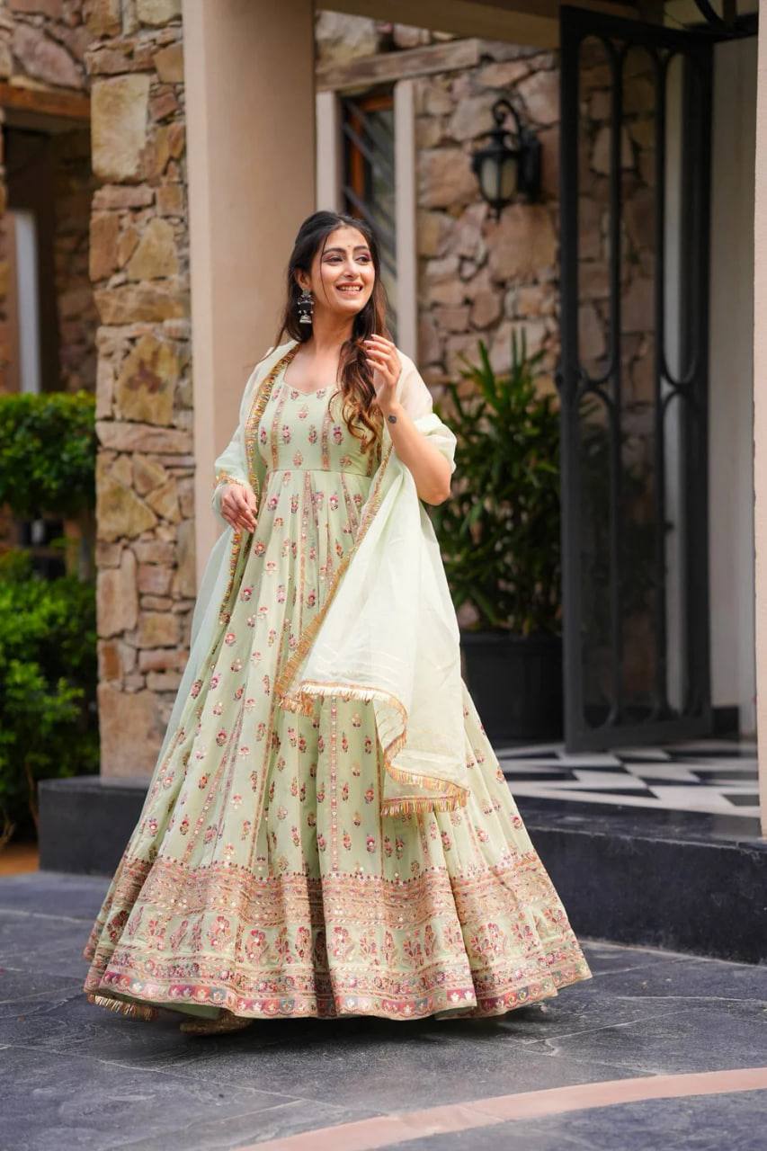 Mint Green Elegant Faux Georgette Thread & Sequin Work Suit Set with Dupatta – Fully Stitched