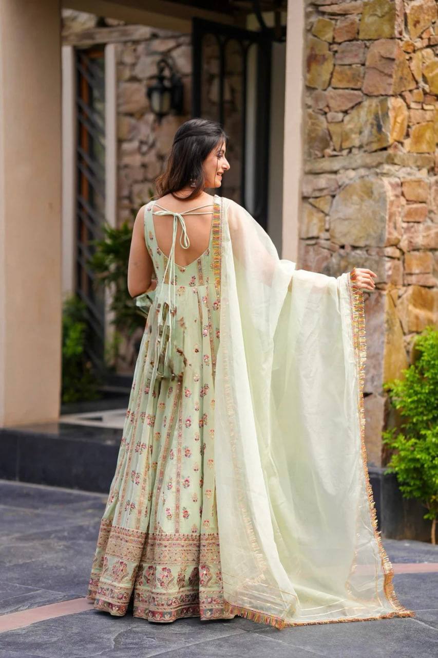 Mint Green Elegant Faux Georgette Thread & Sequin Work Suit Set with Dupatta – Fully Stitched
