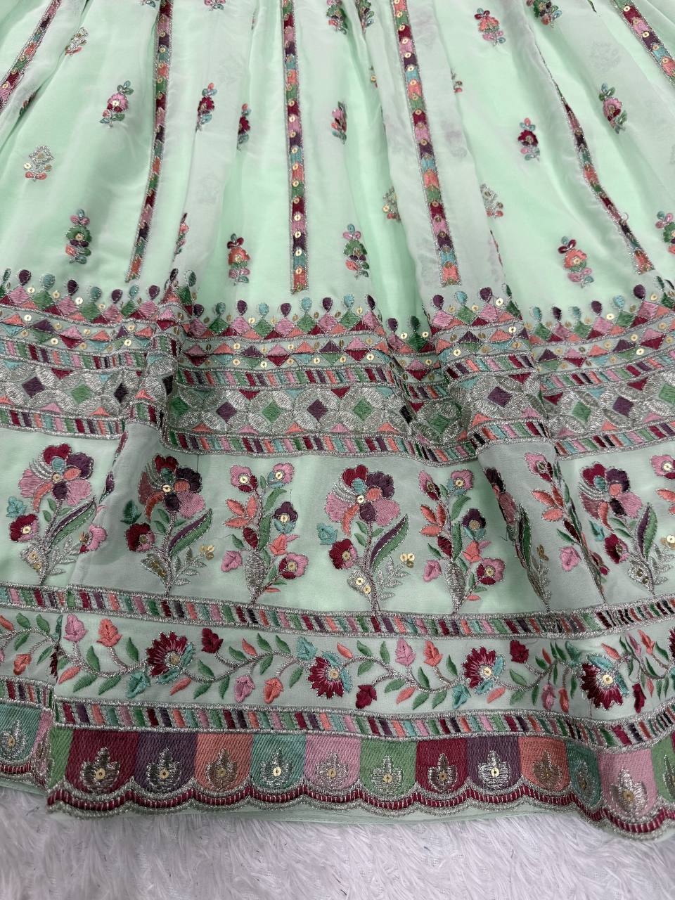 Mint Green Elegant Faux Georgette Thread & Sequin Work Suit Set with Dupatta – Fully Stitched