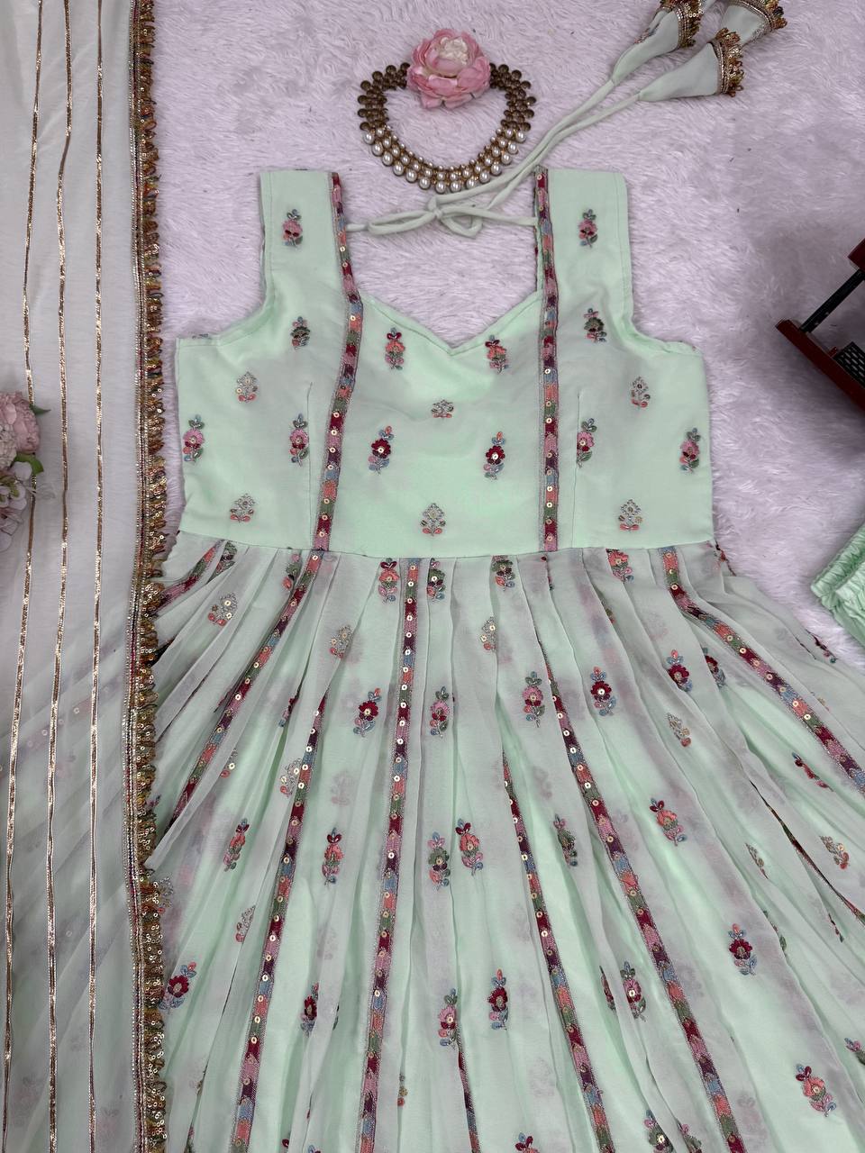Mint Green Elegant Faux Georgette Thread & Sequin Work Suit Set with Dupatta – Fully Stitched