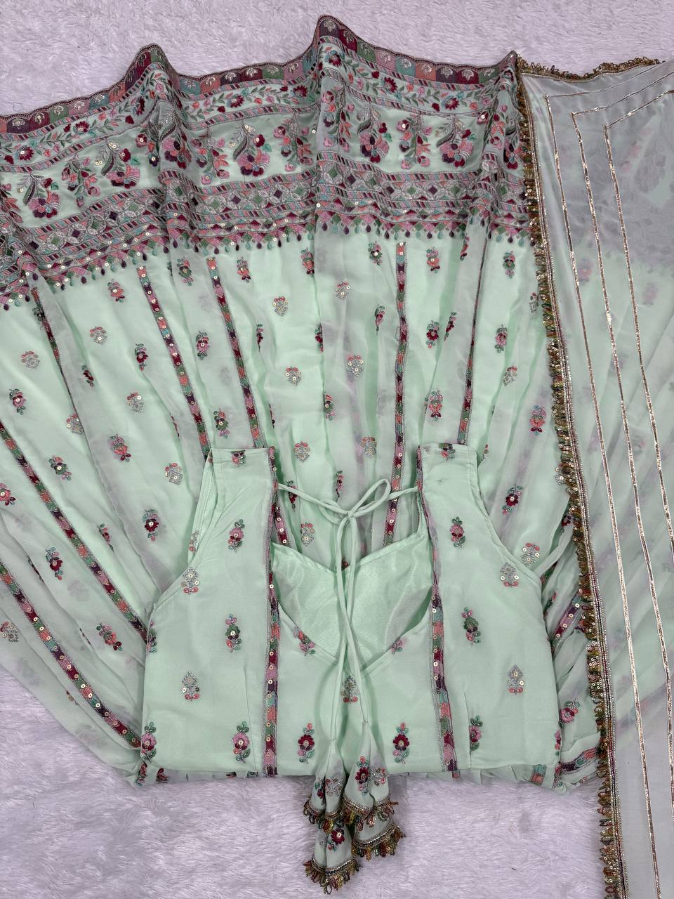 Mint Green Elegant Faux Georgette Thread & Sequin Work Suit Set with Dupatta – Fully Stitched