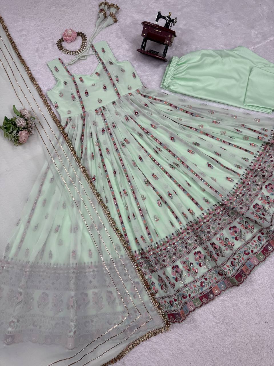 Mint Green Elegant Faux Georgette Thread & Sequin Work Suit Set with Dupatta – Fully Stitched