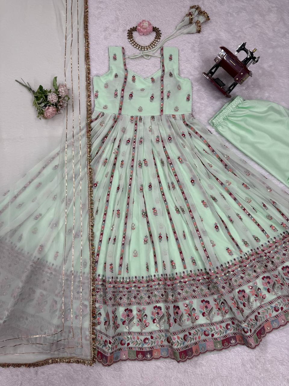 Mint Green Elegant Faux Georgette Thread & Sequin Work Suit Set with Dupatta – Fully Stitched