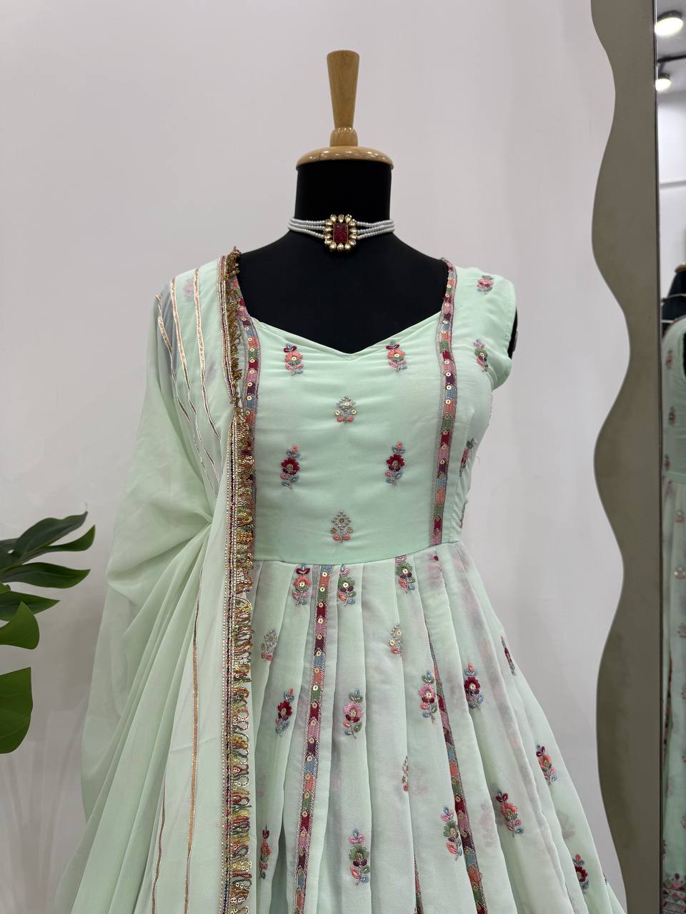 Mint Green Elegant Faux Georgette Thread & Sequin Work Suit Set with Dupatta – Fully Stitched