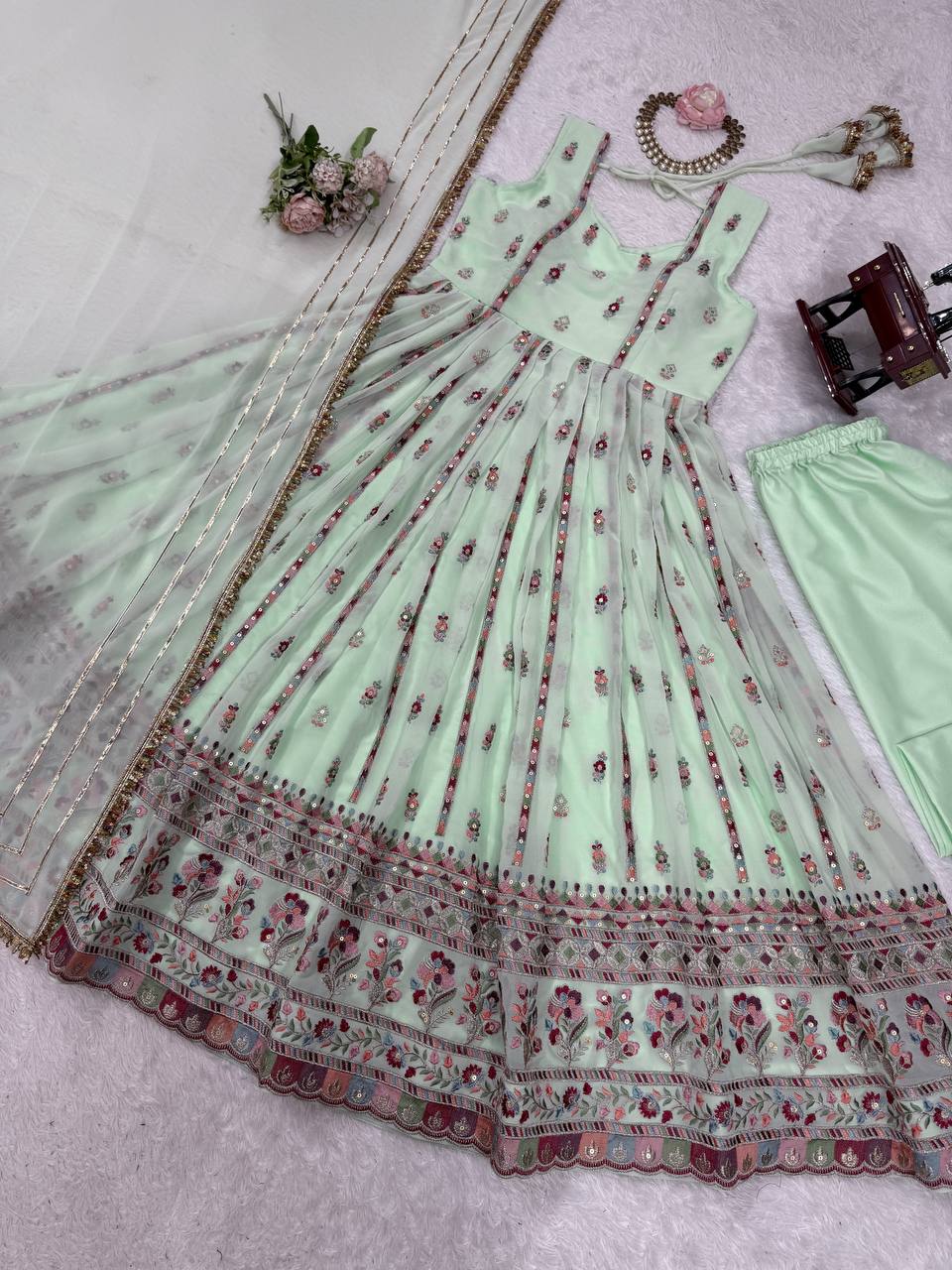 Mint Green Elegant Faux Georgette Thread & Sequin Work Suit Set with Dupatta – Fully Stitched