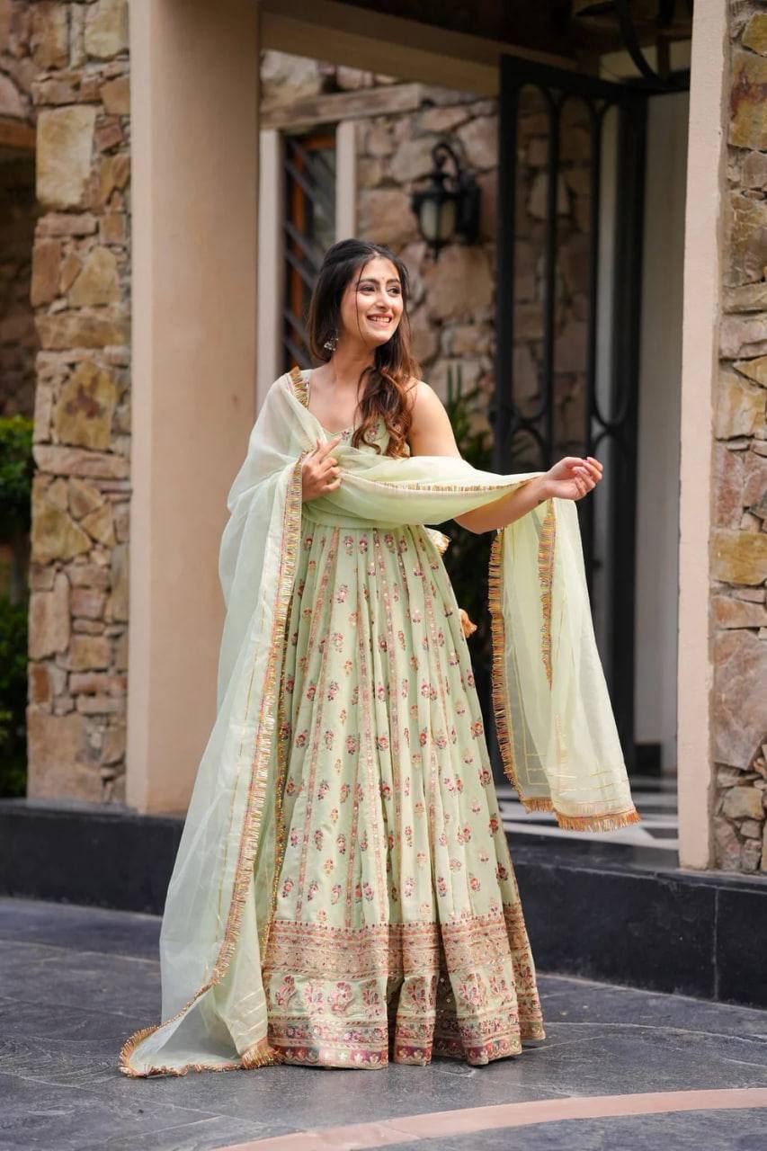 Mint Green Elegant Faux Georgette Thread & Sequin Work Suit Set with Dupatta – Fully Stitched