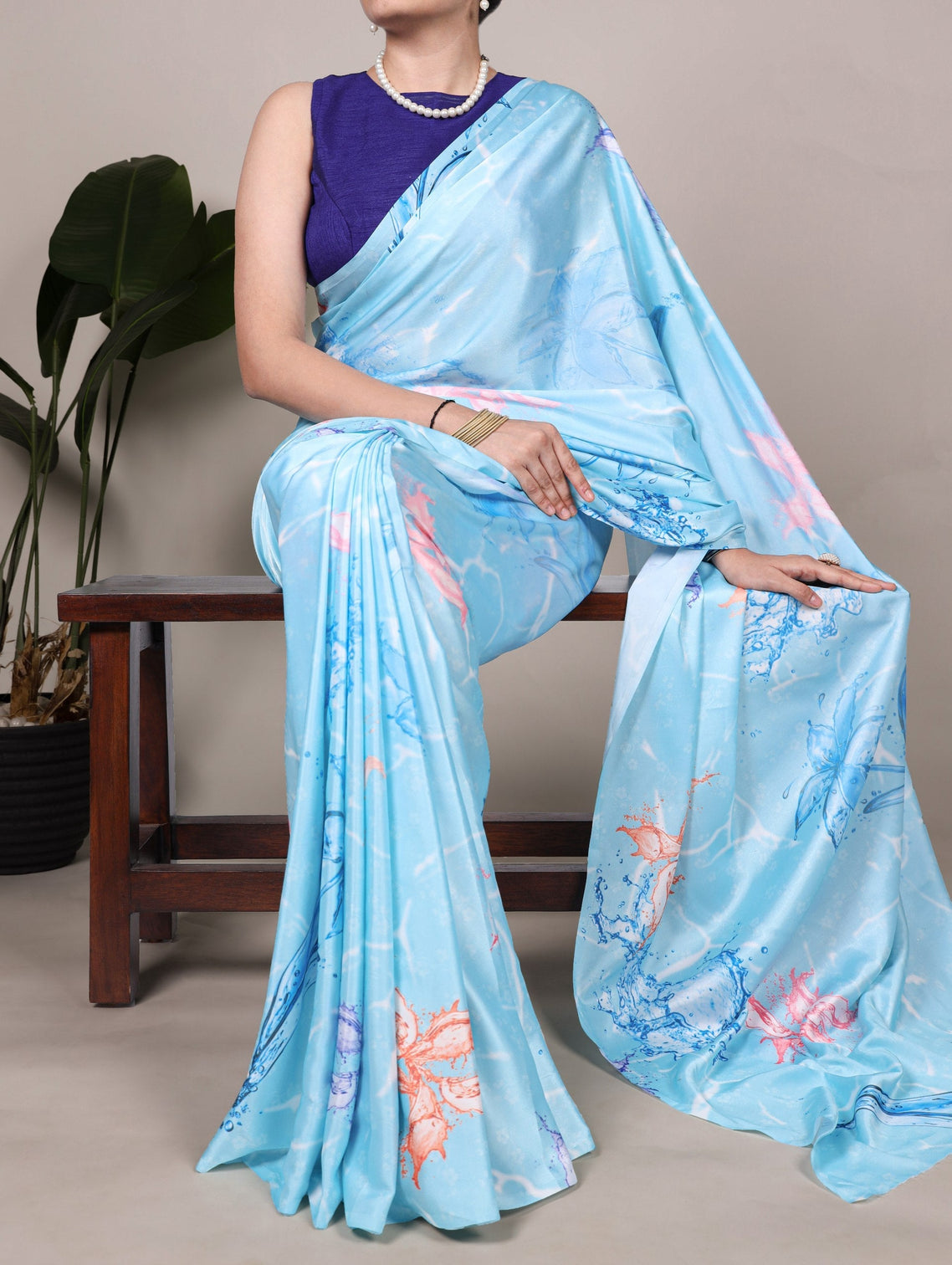 Sky Blue Elegant Floral Printed Satin Silk Saree with Mono Benglory Blouse Piece