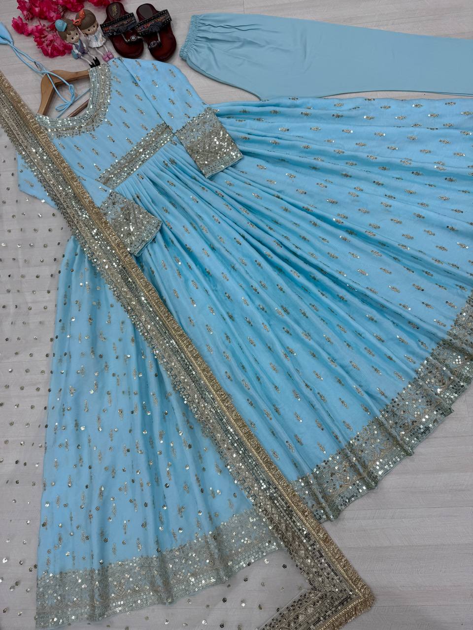 Sky Blue  Elegant Heavy Chinon Silk Embroidered Gown Set with Tassel Sleeves, Bottom & Butterfly Net Dupatta