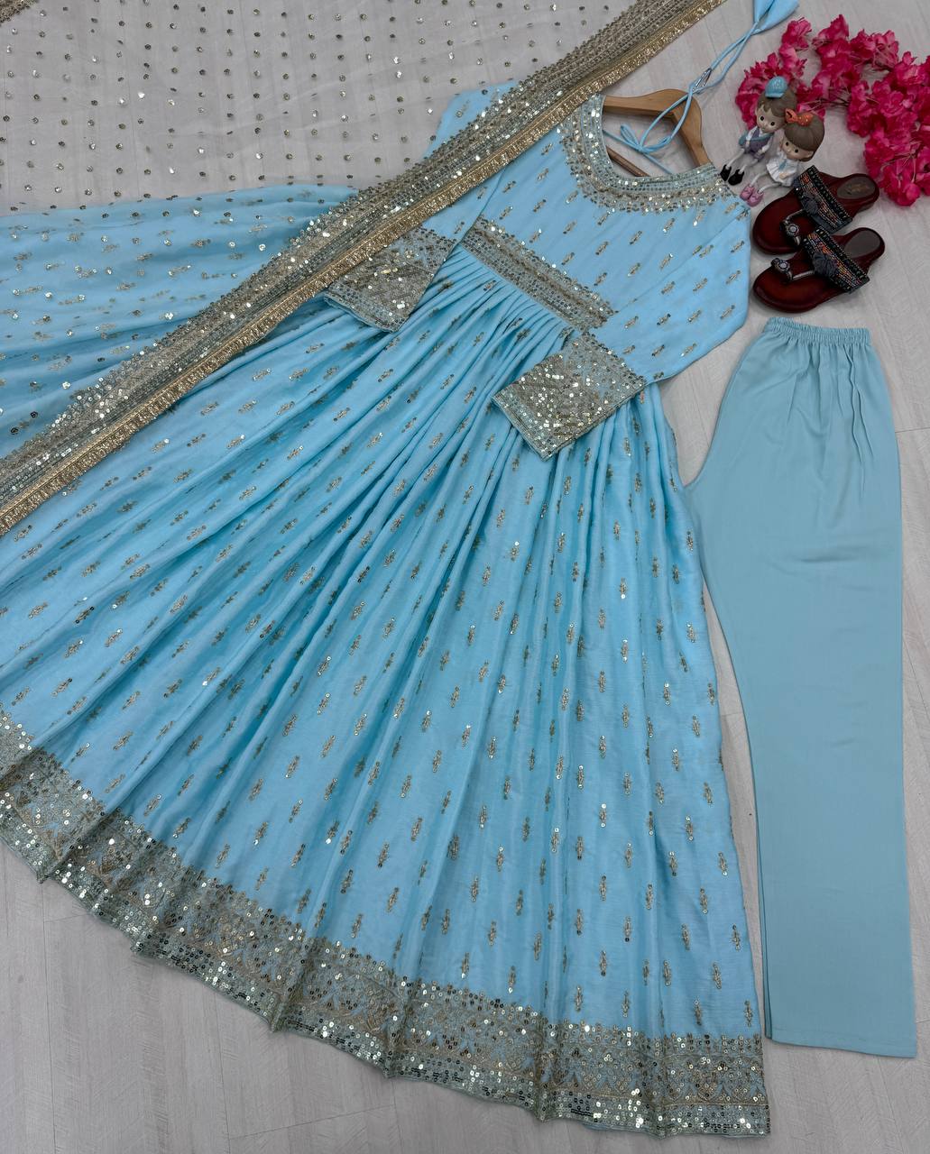 Sky Blue  Elegant Heavy Chinon Silk Embroidered Gown Set with Tassel Sleeves, Bottom & Butterfly Net Dupatta