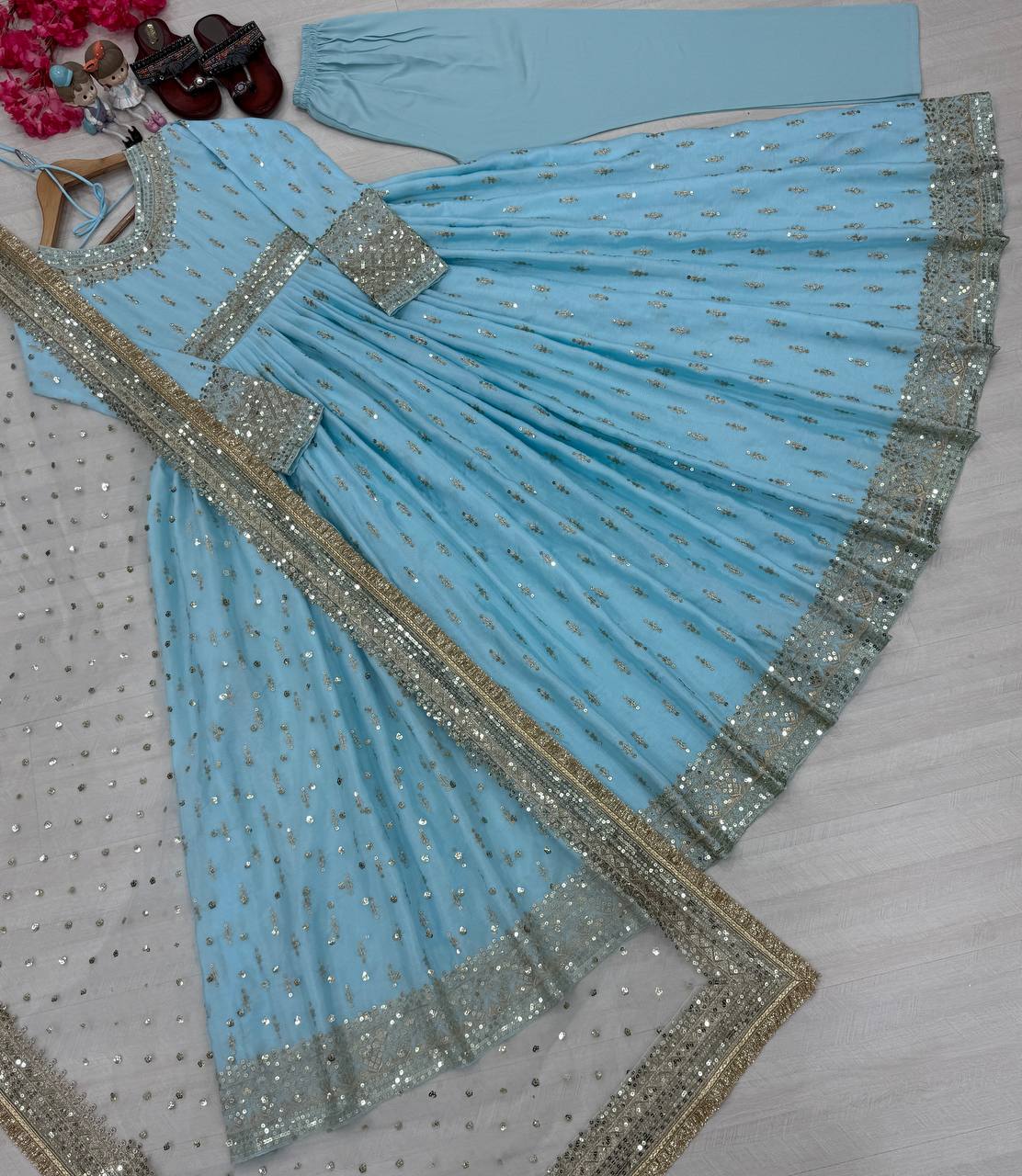 Sky Blue  Elegant Heavy Chinon Silk Embroidered Gown Set with Tassel Sleeves, Bottom & Butterfly Net Dupatta