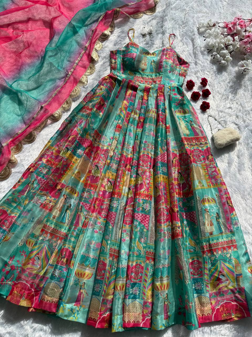 Sky Blue Elegant Jimmy Organza Silk Digital Printed Anarkali Gown with Designer Dupatta – 8 Meter Flair