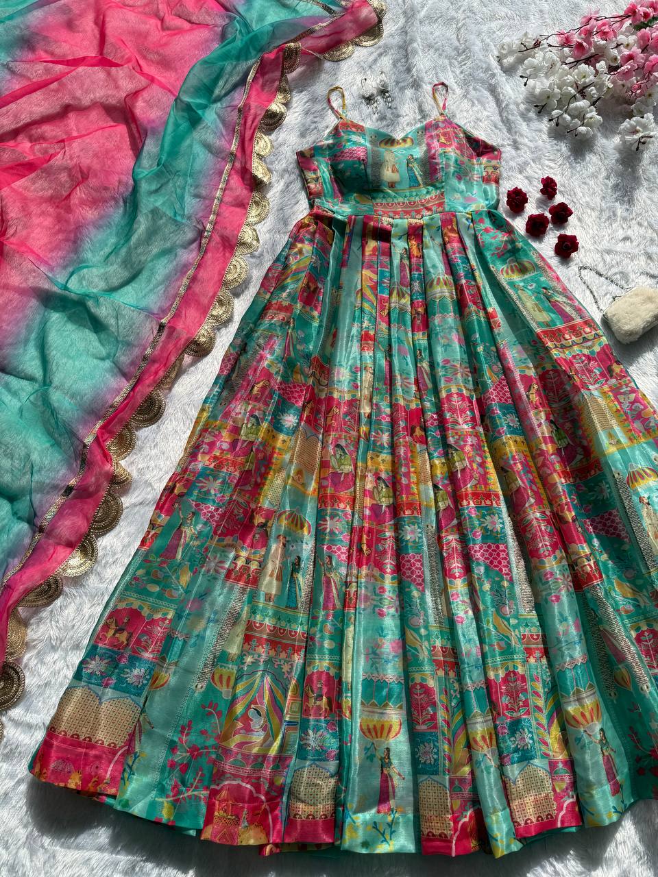 Sky Blue Elegant Jimmy Organza Silk Digital Printed Anarkali Gown with Designer Dupatta – 8 Meter Flair