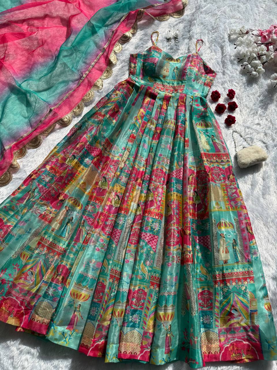 Sky Blue Elegant Jimmy Organza Silk Digital Printed Anarkali Gown with Designer Dupatta – 8 Meter Flair