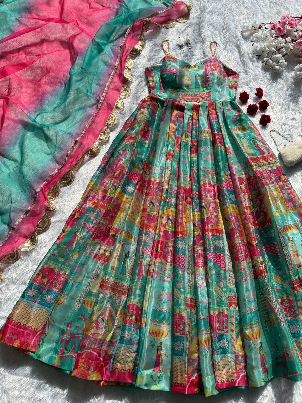 Sky Blue Elegant Jimmy Organza Silk Digital Printed Anarkali Gown with Designer Dupatta – 8 Meter Flair