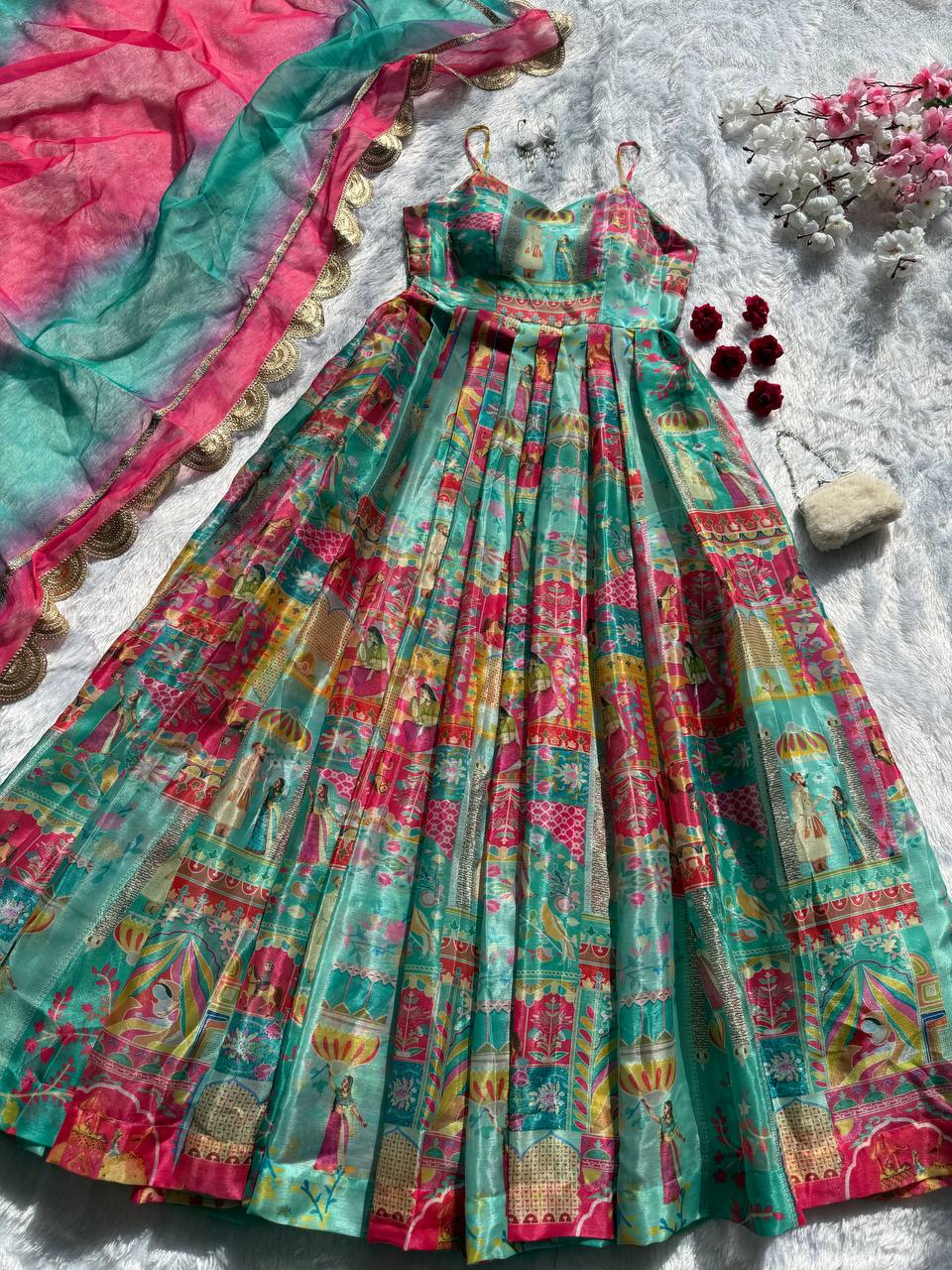 Sky Blue Elegant Jimmy Organza Silk Digital Printed Anarkali Gown with Designer Dupatta – 8 Meter Flair