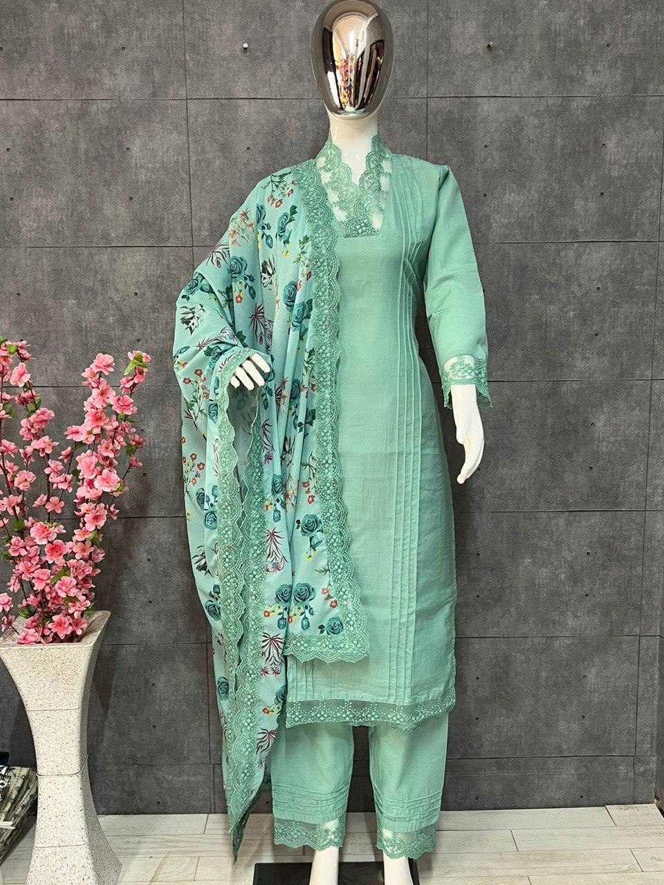 Sky Blue Elegant Maska Cotton Silk Kurta Set with Fancy Cutwork & Dupatta
