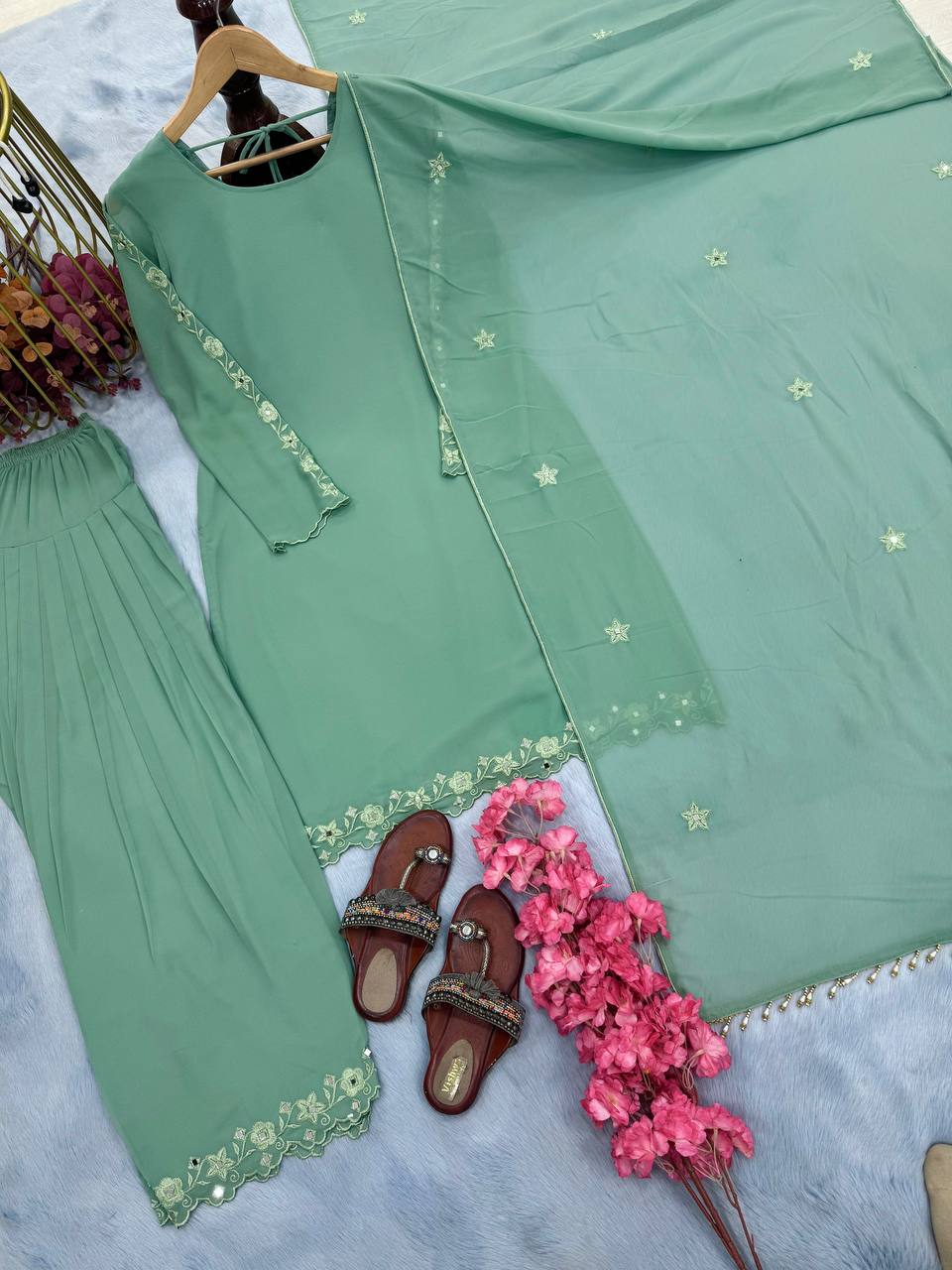 Sky Blue Elegant Mirror Work Faux Georgette Set Embroidered Top, Farshi Plazzo & Dupatta