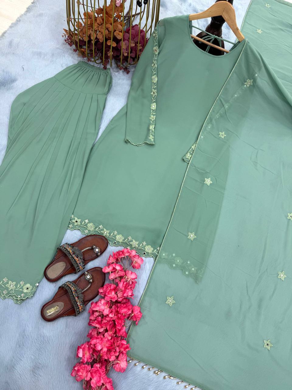Sky Blue Elegant Mirror Work Faux Georgette Set Embroidered Top, Farshi Plazzo & Dupatta