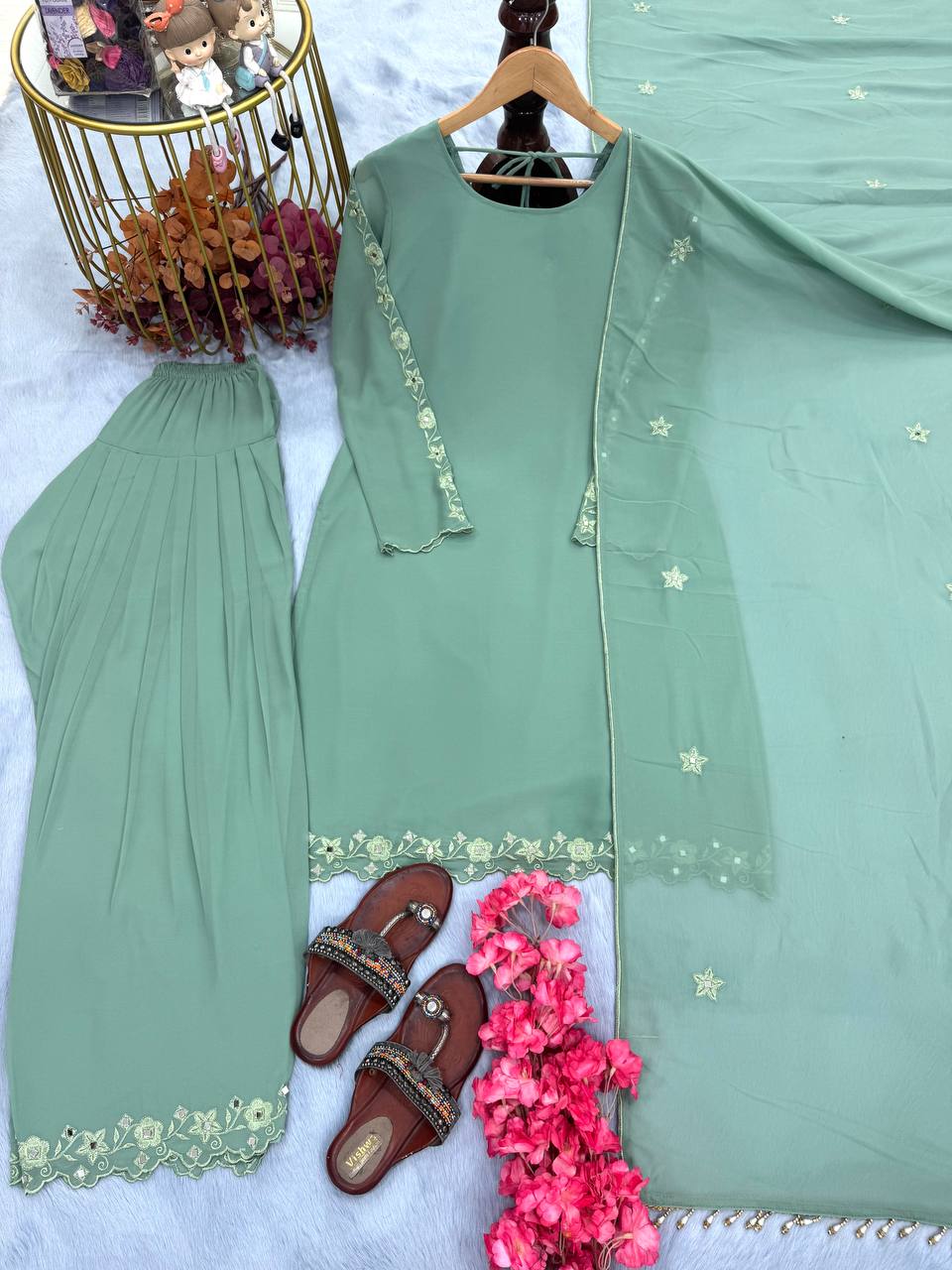 Sky Blue Elegant Mirror Work Faux Georgette Set Embroidered Top, Farshi Plazzo & Dupatta