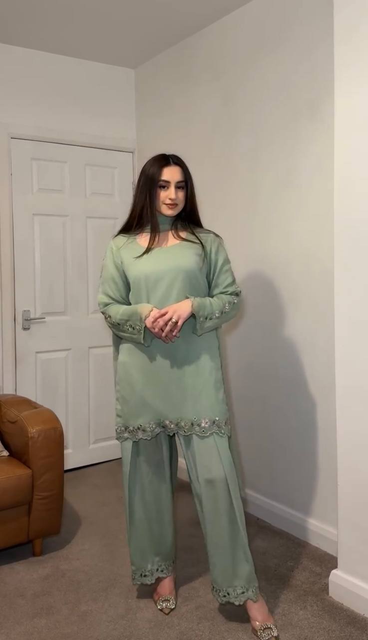 Sky Blue Elegant Mirror Work Faux Georgette Set Embroidered Top, Farshi Plazzo & Dupatta
