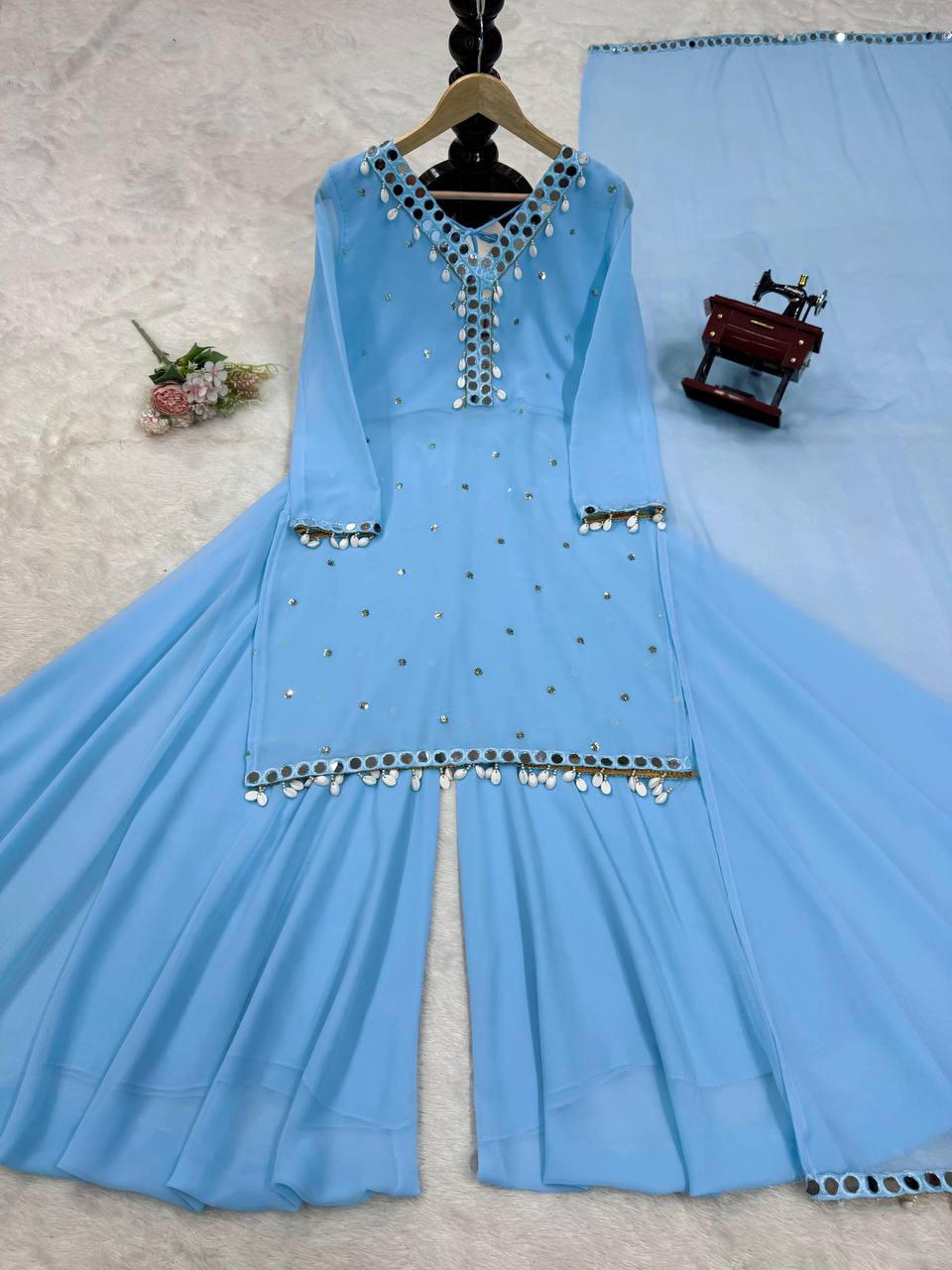 Sky Blue Elegant Mirror Work Georgette Suit Set