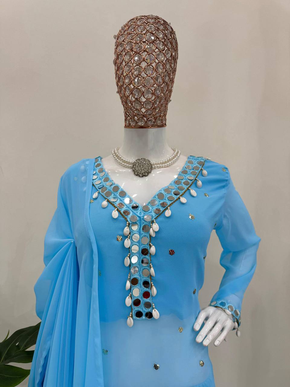 Sky Blue Elegant Mirror Work Georgette Suit Set