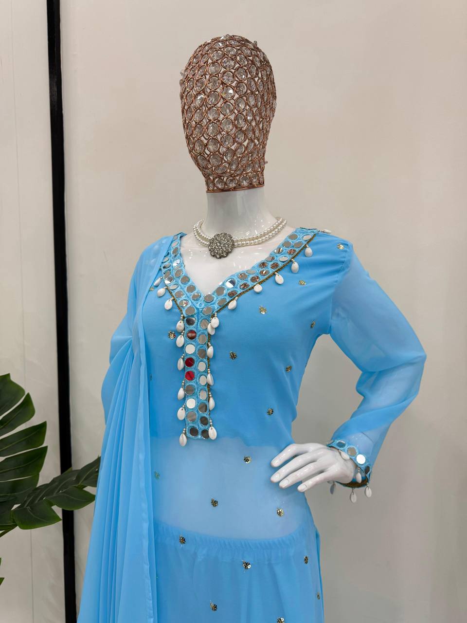 Sky Blue Elegant Mirror Work Georgette Suit Set