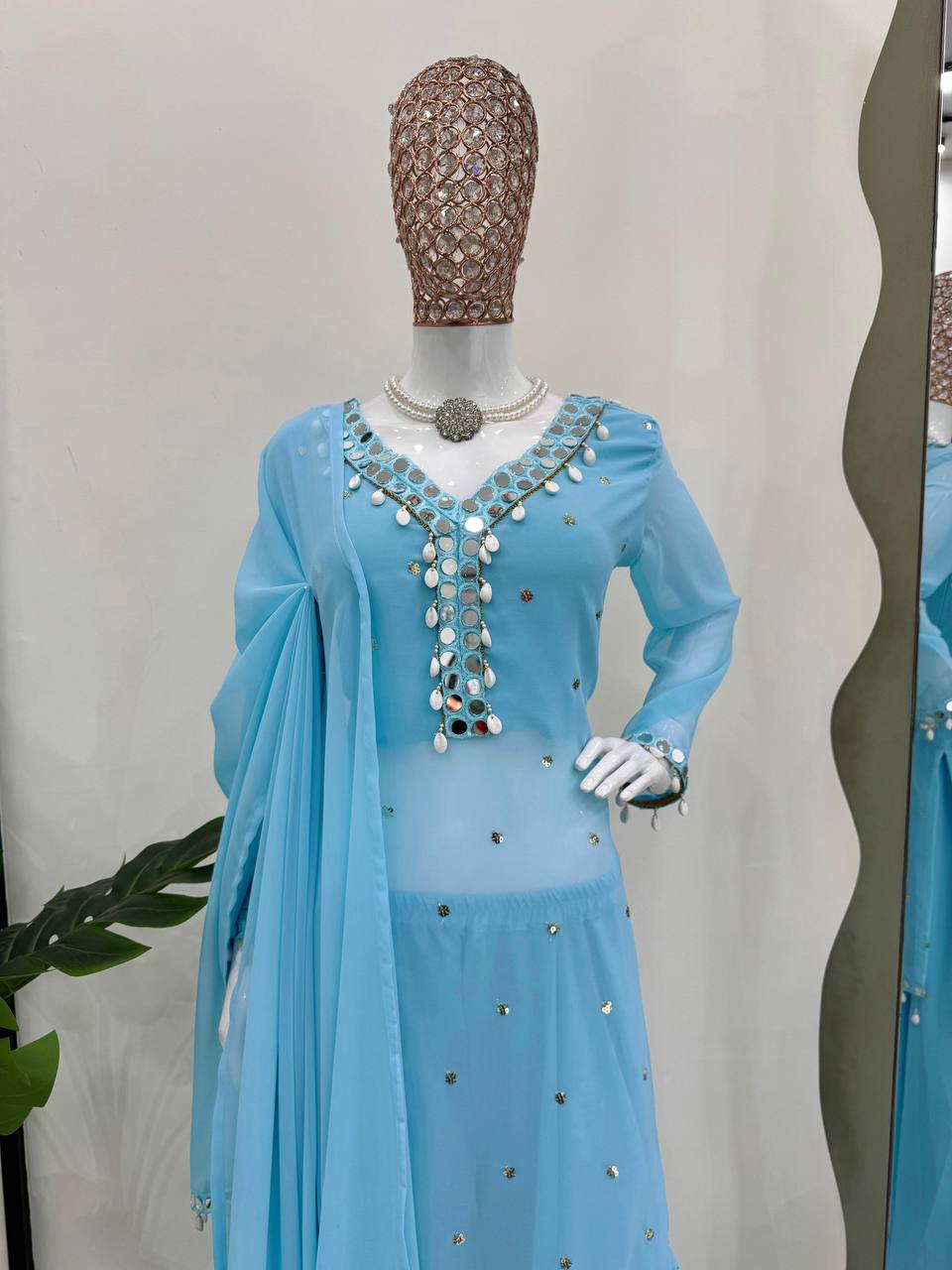 Sky Blue Elegant Mirror Work Georgette Suit Set