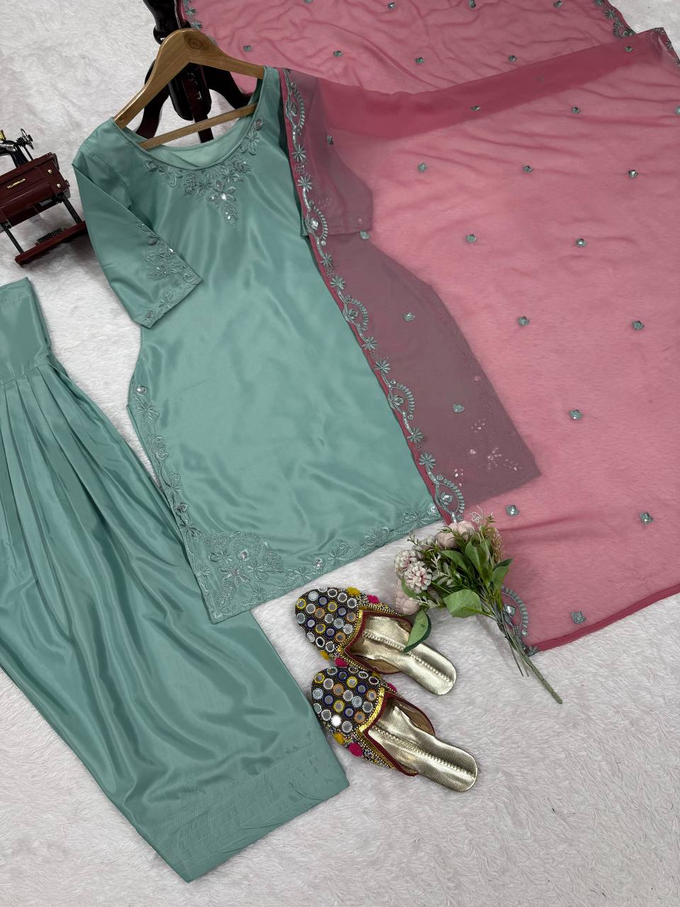 Sky Blue Elegant Natural Crepe Farshi Salwar Suit Set with Thread Work & Georgette Dupatta