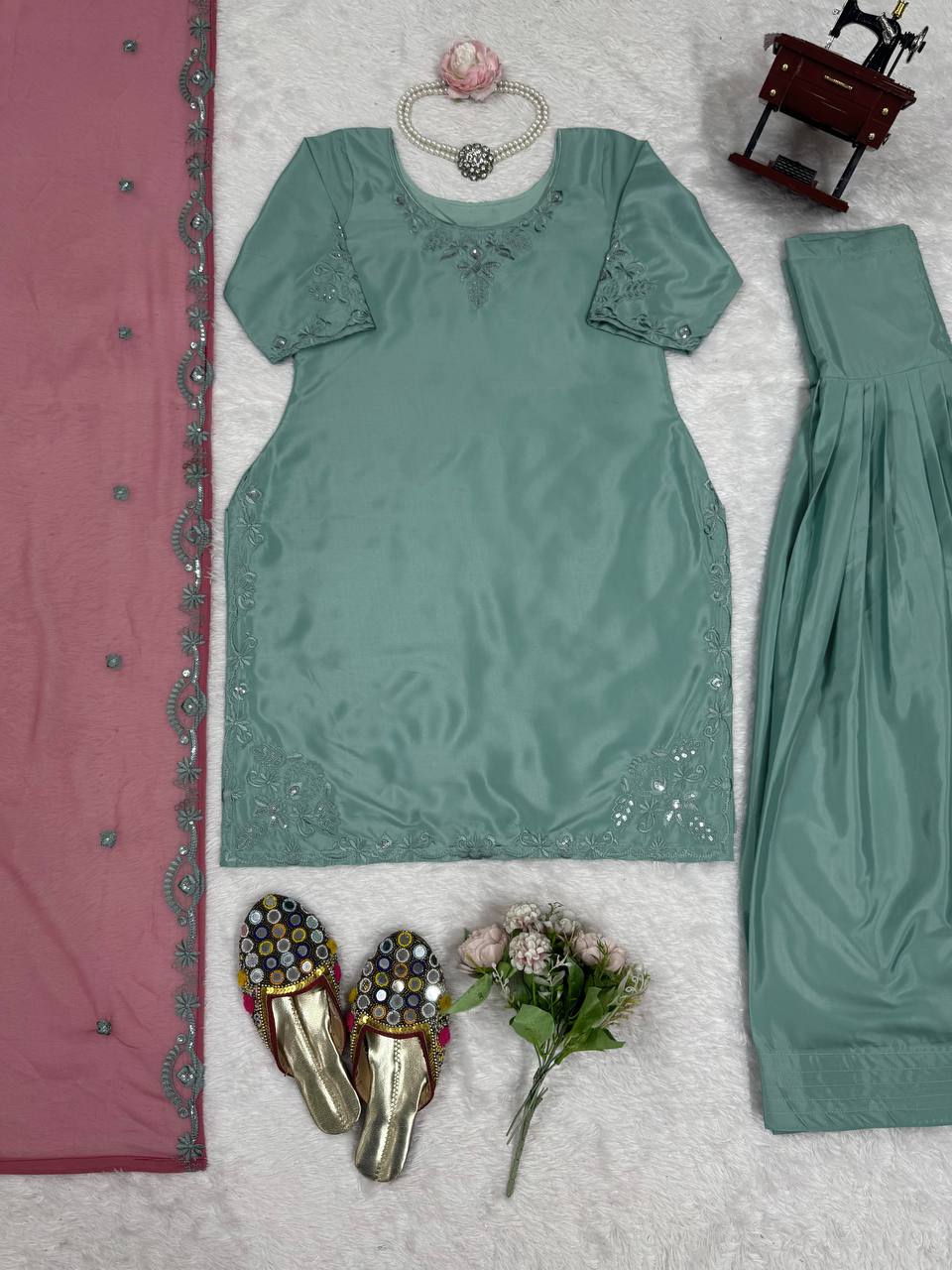 Sky Blue Elegant Natural Crepe Farshi Salwar Suit Set with Thread Work & Georgette Dupatta