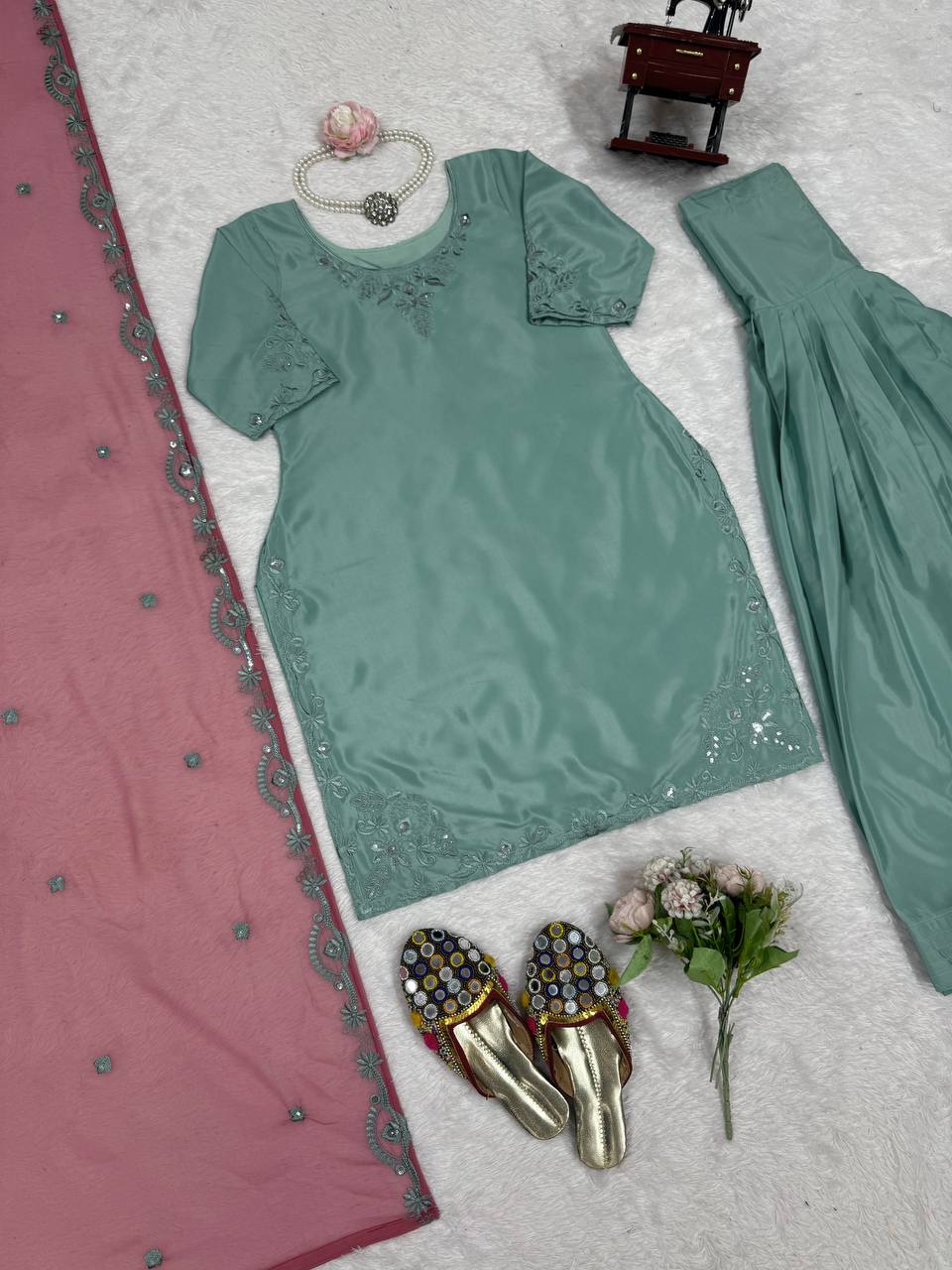 Sky Blue Elegant Natural Crepe Farshi Salwar Suit Set with Thread Work & Georgette Dupatta