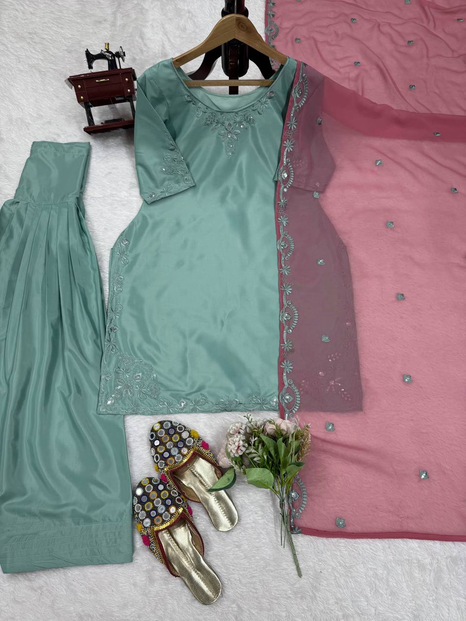 Sky Blue Elegant Natural Crepe Farshi Salwar Suit Set with Thread Work & Georgette Dupatta