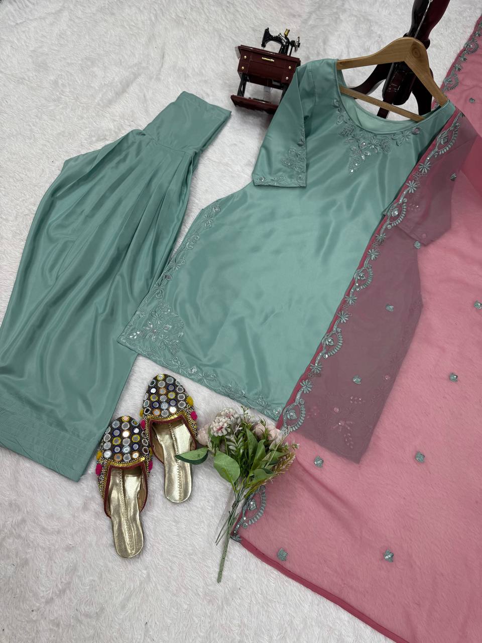 Sky Blue Elegant Natural Crepe Farshi Salwar Suit Set with Thread Work & Georgette Dupatta