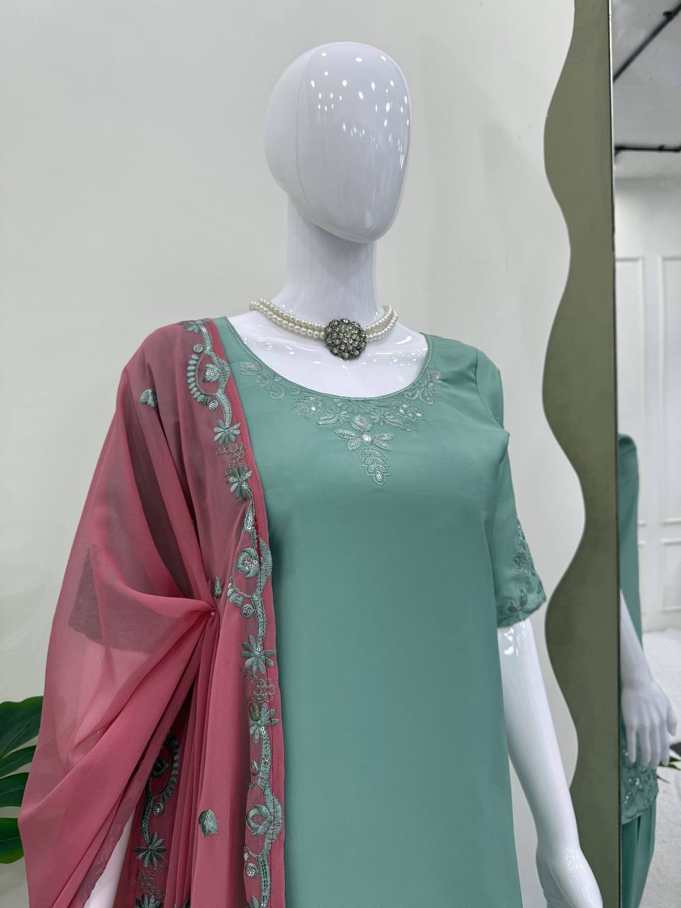 Sky Blue Elegant Natural Crepe Farshi Salwar Suit Set with Thread Work & Georgette Dupatta