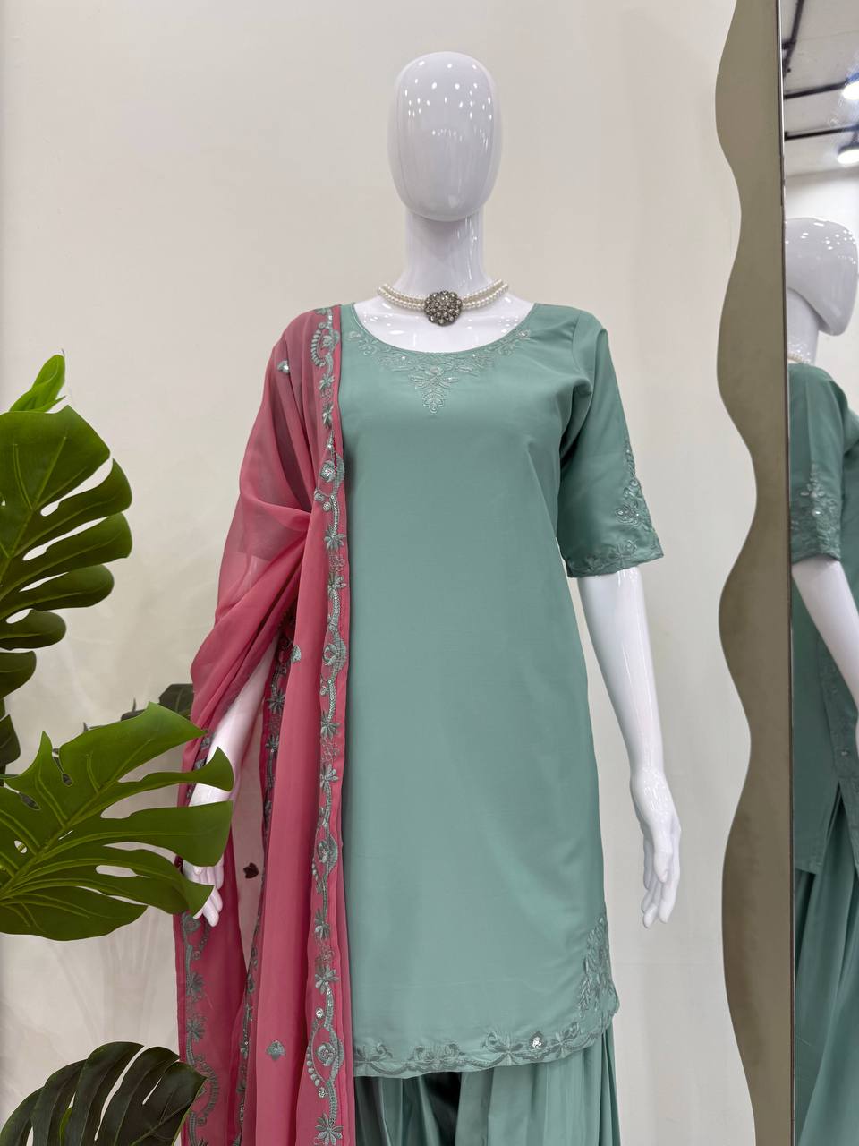 Sky Blue Elegant Natural Crepe Farshi Salwar Suit Set with Thread Work & Georgette Dupatta