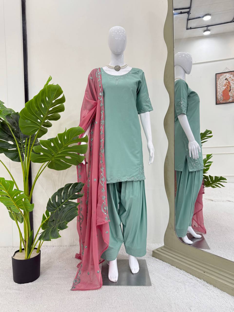 Sky Blue Elegant Natural Crepe Farshi Salwar Suit Set with Thread Work & Georgette Dupatta