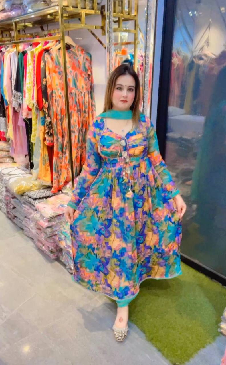 Sky Blue Elegant Padded Naira Cut Chinon Silk Printed Dress with Dupatta – Perfect for Festive and Party Wear