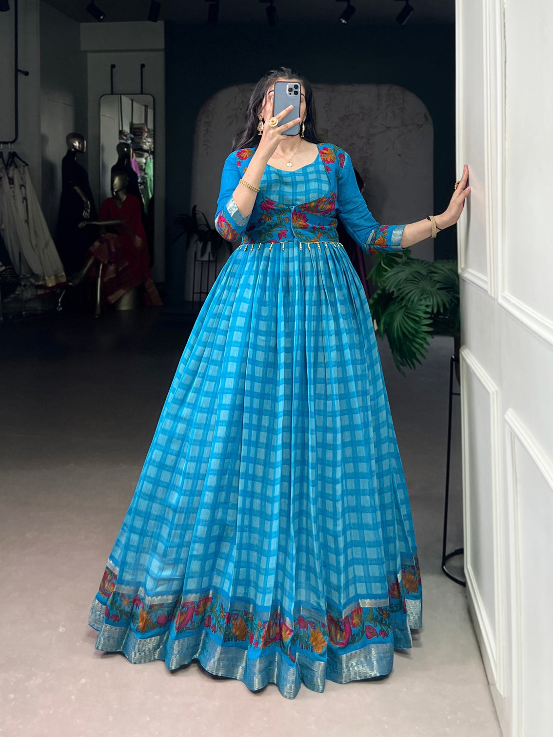 Sky Blue Elegant Printed Polyester Viscose Chanderi Gown with Zari Weaving and Lace-Touched Koti – Stitched Set