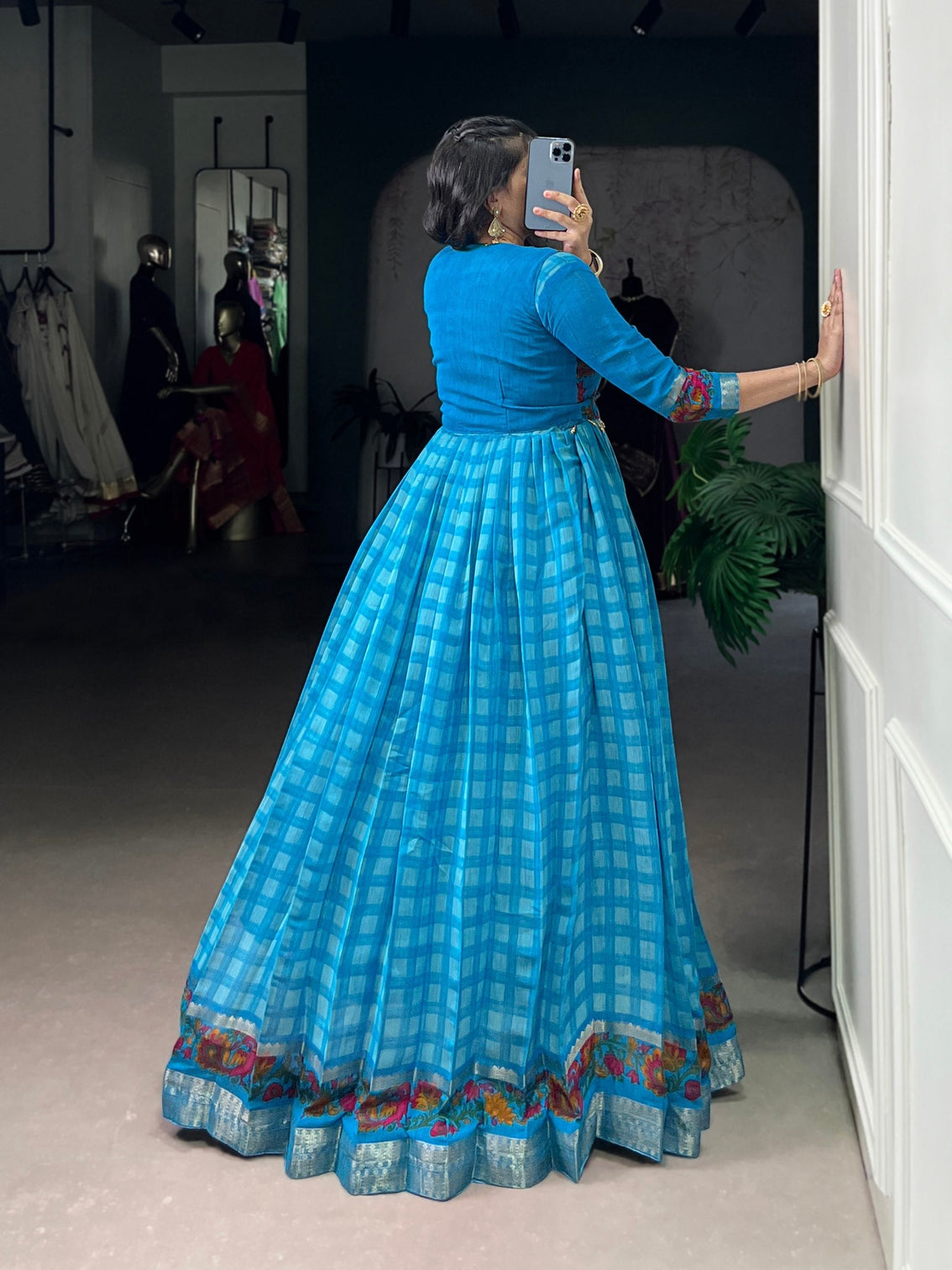 Sky Blue Elegant Printed Polyester Viscose Chanderi Gown with Zari Weaving and Lace-Touched Koti – Stitched Set