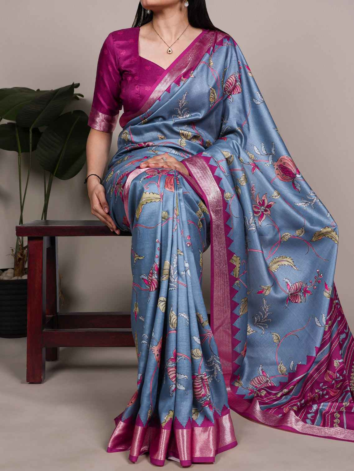 Sky Blue Elegant Printed Silk Saree