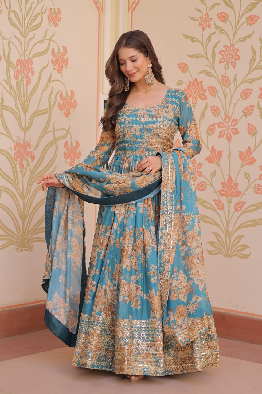 Sky Blue Elegant Russian Silk Digital Print Gown with Embroidered Sequins Work & Dupatta