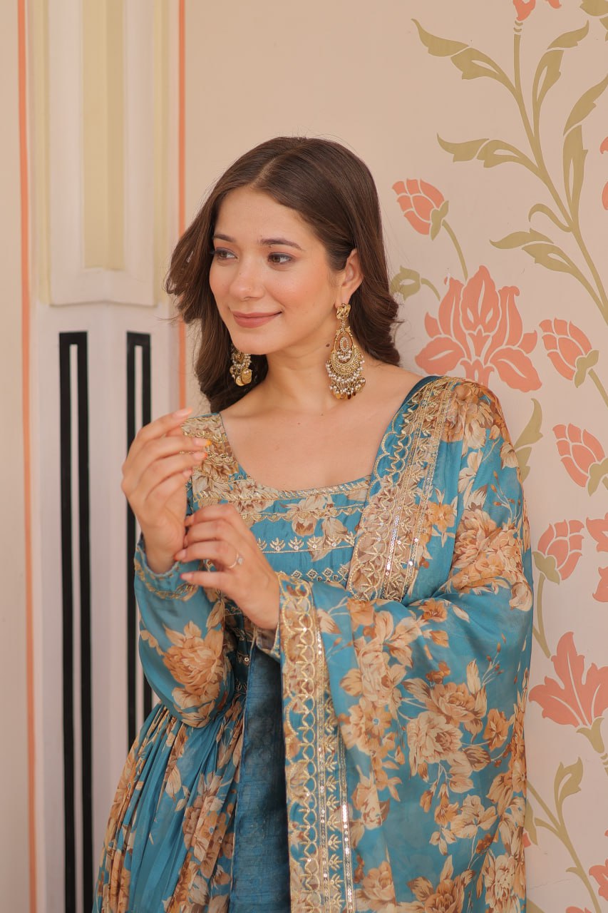 Sky Blue Elegant Russian Silk Digital Print Gown with Embroidered Sequins Work & Dupatta