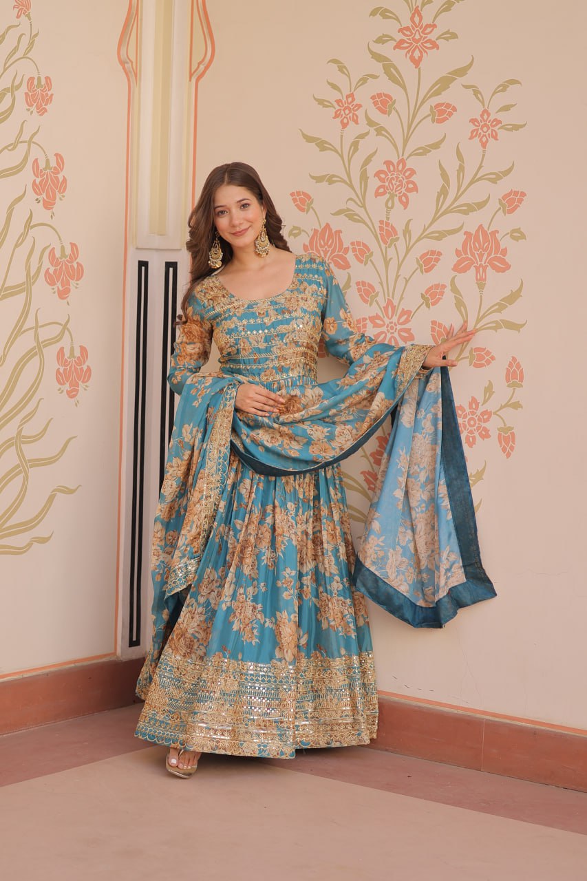 Sky Blue Elegant Russian Silk Digital Print Gown with Embroidered Sequins Work & Dupatta